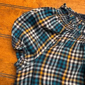 Womens Plaid Smocked Off Shoulder Top Teal Yellow White Black Short‎ Sleeve thumbnail 2