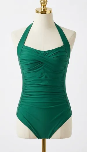 Smismivo Tummy Control Halter One Piece Swimsuit Ruched Pin Up Vintage Emerald M thumbnail 1