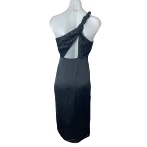 Anthropologie Black Silk Satin One Shoulder Slit Ruched Midi Sheath Dress Size 2 thumbnail 2