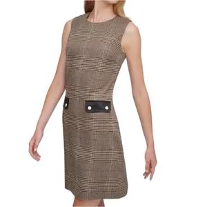 Tommy Hilfiger Glen Plaid Faux Leather Trim Sheath Dress Brown Orange Size 14 thumbnail 14