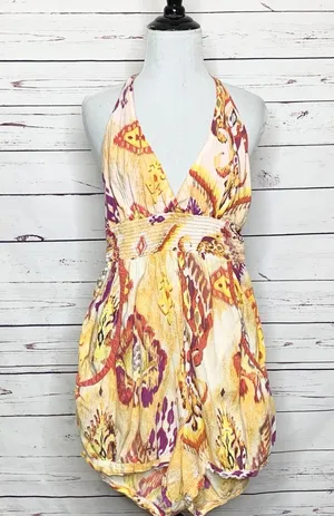 Wet Seal Yellow & Orange Paisley Halter Summer Festival Romper with Pockets Size Medium thumbnail 1