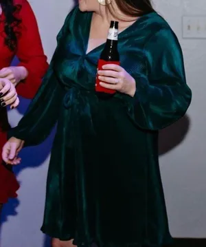 Hunter green pleated velvet mini dress thumbnail 1