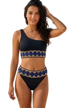 Elysiian One-Shoulder Milos Bikini Black Geometric S/XS Resort Beach Cruise thumbnail 1