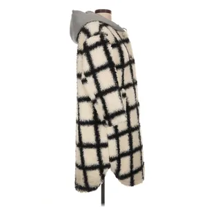 Cream Black Windowpane Sherpa Teddy Coat Gray Hood Longline Oversized Jacket thumbnail 3