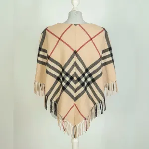 Burberry London Lamba Wool Nova Check Scarf Poncho Plaid Tan Black Red Fringe thumbnail 4