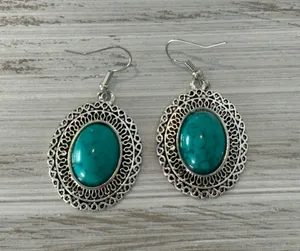 Silver Tone Dangle Pierced Earrings Faux Turquoise Cabochons Blue thumbnail 4