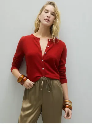 Quince Red Mongolian Cashmere Crew Neck Cardigan Sweater thumbnail 4