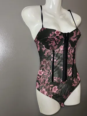 Free People Bodysuit Womens Small Black Combo Floral Mesh Front Hook Corset thumbnail 3