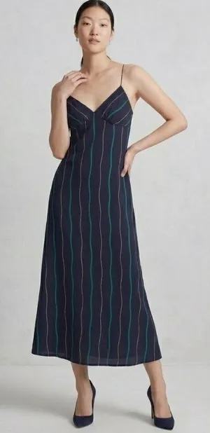 Madewell The Layton Midi Slip Dress‎ Navy Blue Green Gold Striped 10 Slip Dress thumbnail 1