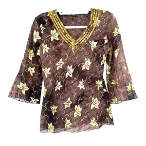 Y2K Boho Sheer Sequin Top Sz M Stevie Nicks Festival Embroidered Brown Indie thumbnail 2