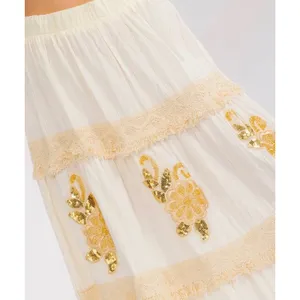 Boutique Embroidered Sz L Gold Floral Sequin Tiered Maxi Skirt Womens Beachy Gauzy Boho thumbnail 2