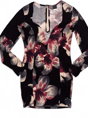 privy Black Floral Long-Sleeve Dress with Burgundy and Cream Blooms thumbnail 1