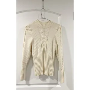 Marled Cream Cable Knit Mock Neck Sweater M Cozy Chunky Ribbed Winter Pullover thumbnail 2