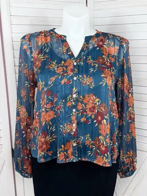 Frye Floral Metallic Jacquard Sheer Blouse Teal Blue Burnt Orange Large Boho thumbnail 1