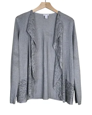 Chico's Women's M Chico's Size 1 Silver with Metallic Thread Open Front Cardigan thumbnail 1