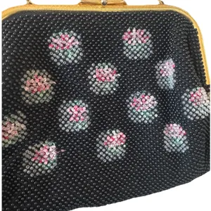 Vintage Corde Bead reversible beaded handbag purse‎ black floral White pattern thumbnail 3