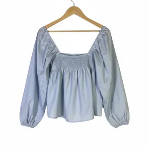 Banana Republic Puff Sleeve Top Womens S Blue Cotton Smocked Coquette Clean Girl thumbnail 6