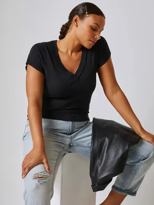 Anthropologie Pilcro Sustainable Double-V Tee in Black thumbnail 1