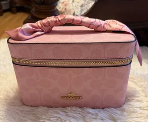 Coach Pink Signature Cosmetic Train Case with Scarf-Wrapped Handle thumbnail 1