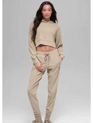 Alo Muse Hoodie Yoga Ribbed Sweatshirt Cropped Gravel Tan L thumbnail 2