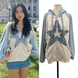 Aelfric Eden‎ Star Patchwork Zip Hoodie Blue Beige Suede Streetwear Size Medium thumbnail 2