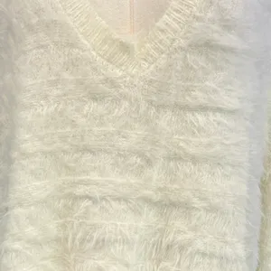 Fuzzy Eyelash Knit Sweater Ivory Shaggy Y2K Coquette Dee Elly Small Crop V Neck thumbnail 4