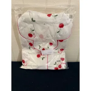 NIB- White Cherry Print Satin Pajama Set Short Sleeve Button Down Shorts XXL thumbnail 3