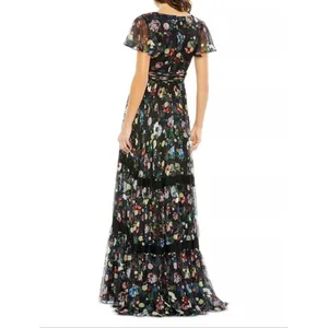 Mac Duggal Size 0 Black Floral Plunge V Neck Lace Maxi Long Formal Gown Dress thumbnail 5