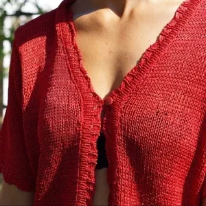 Sag Harbor 🍁 Bright‎ Red Scalloped Edge Open Knit Cardigan thumbnail 5