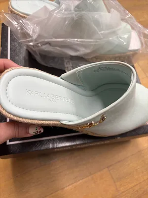 Karl Lagerfeld Mint Espadrille Wedge Mules with Gold Logo thumbnail 3