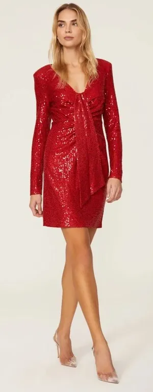 RTR One33 Social Red Sequin Drape Long‎ Sleeve Sheath Mini Dress Sz 4 thumbnail 1
