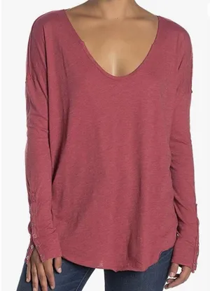 We The Free by Free People Red Long Sleeve Tee | Scoop Neck Soft Knit Top | Size thumbnail 1