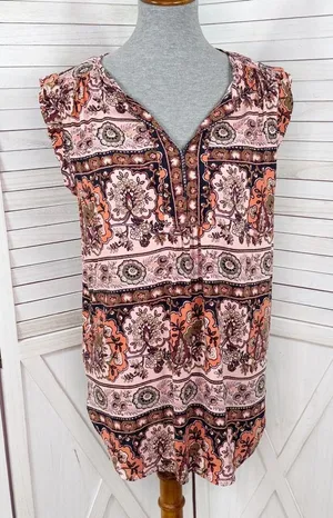 Loft Boho Floral Split Neck Sleeveless Tunic Tank Top Shirt Peach‎ Coral Medium thumbnail 1