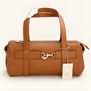 A New Day Cognac Brown Faux Leather Satchel Handbag Gold Snap Hook Clasp NWT thumbnail 4