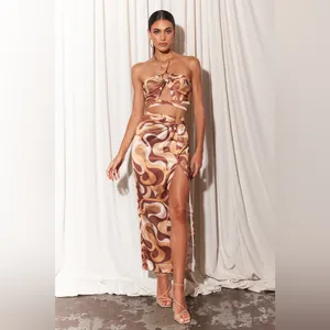 NEW Runaway the label Brown Silk Geometric Skirt and Top set thumbnail 5