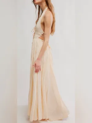 NEW FREE-EST BY FREE PEOPLE ANGEL Plunge Halter Neck ivory MAXI DRESS sz XS thumbnail 2