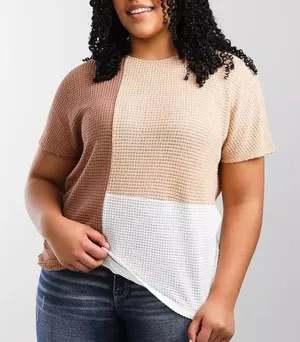 BKE Colorblock Waffle Knit T-Shirt Top In Beige Brown and White Medium Women's thumbnail 1