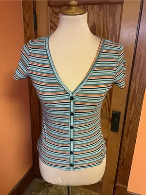 Vintage 90s Rainbow Striped Button Front Fitted Top Baby Tee thumbnail 2