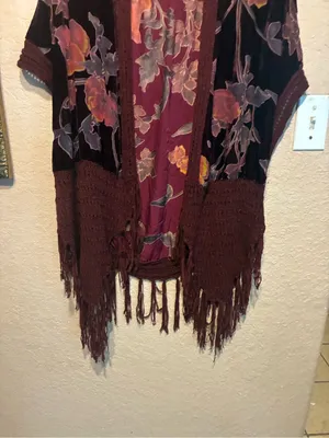 Bohemian Floral Velvet Fringe Kimono - Burgundy Oddi one size thumbnail 5