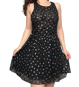 FREE PEOPLE Sheer Lace Metallic Drop Waist Black White Polka Dot Mini Dress thumbnail 1