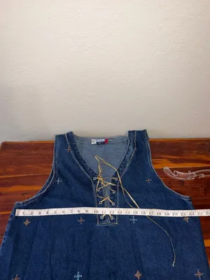 Vintage Jean dress embroidered Aztec designs geometric Denim Jumper cottagecore thumbnail 6