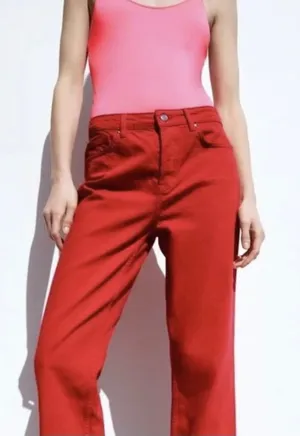 Zara Red Mid Rise Straight Denim Jeans thumbnail 1