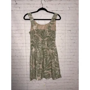 Japna Green Tropical‎ Monstera Leaf Print Smocked Back Mini Flax Cotton Dress SM thumbnail 2