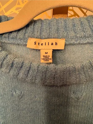 Stellah light blue crewneck pointelle knit sweater, Medium thumbnail 3