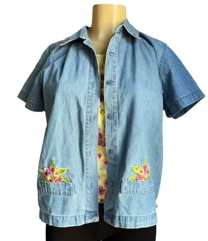 Vintage Lemon Grass Denim Shirt Jacket Embroidered Floral Women's PM NWT thumbnail 1