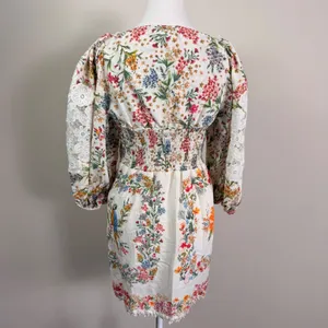 Farm Rio Tropical Floral Lace Mini Dress Puff Sleeve Square Neck Linen Small thumbnail 3