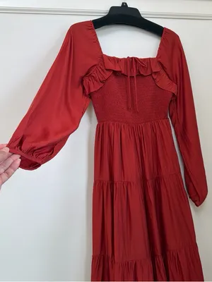 in february Rust Smocked Tiered Ruffle Maxi Dress Square Neck Size S NWT thumbnail 1