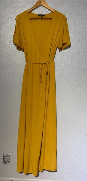 Lulus Much Obliged Golden Yellow Split Sleeve Wrap Maxi Dress L thumbnail 1