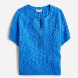 J. Crew | NWT Women's Cashmere Blue Cable Knit Short Sleeve Henley Sweater, M thumbnail 8
