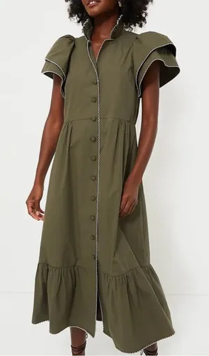 Tuckernuck Alice Ruffle Sleeve Midi Dress in Olive Green thumbnail 1